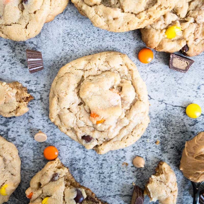 peanut butter cookie with Reese's pieces, mini Reese's cups, and peanut butter chips