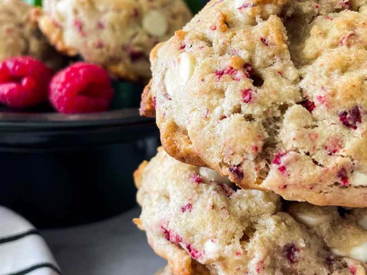 white chocolate raspberry cookies stacked