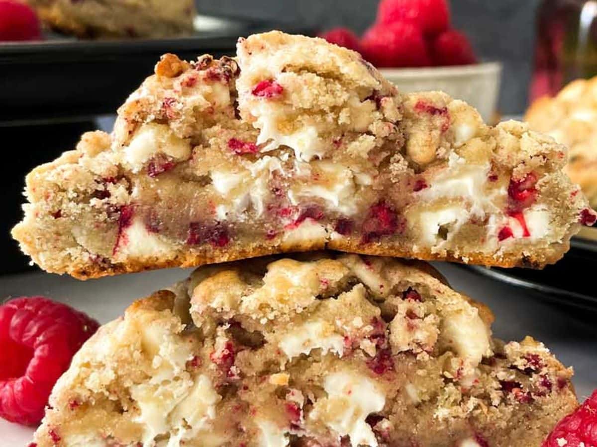 white chocolate raspberry cookies cut and stacked