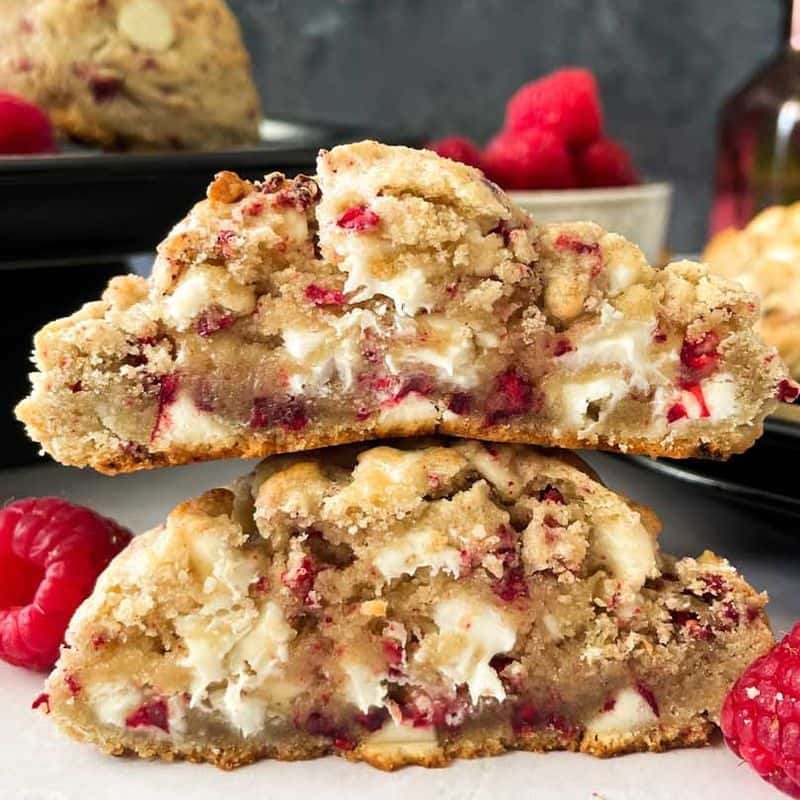 white chocolate raspberry cookies cut and stacked